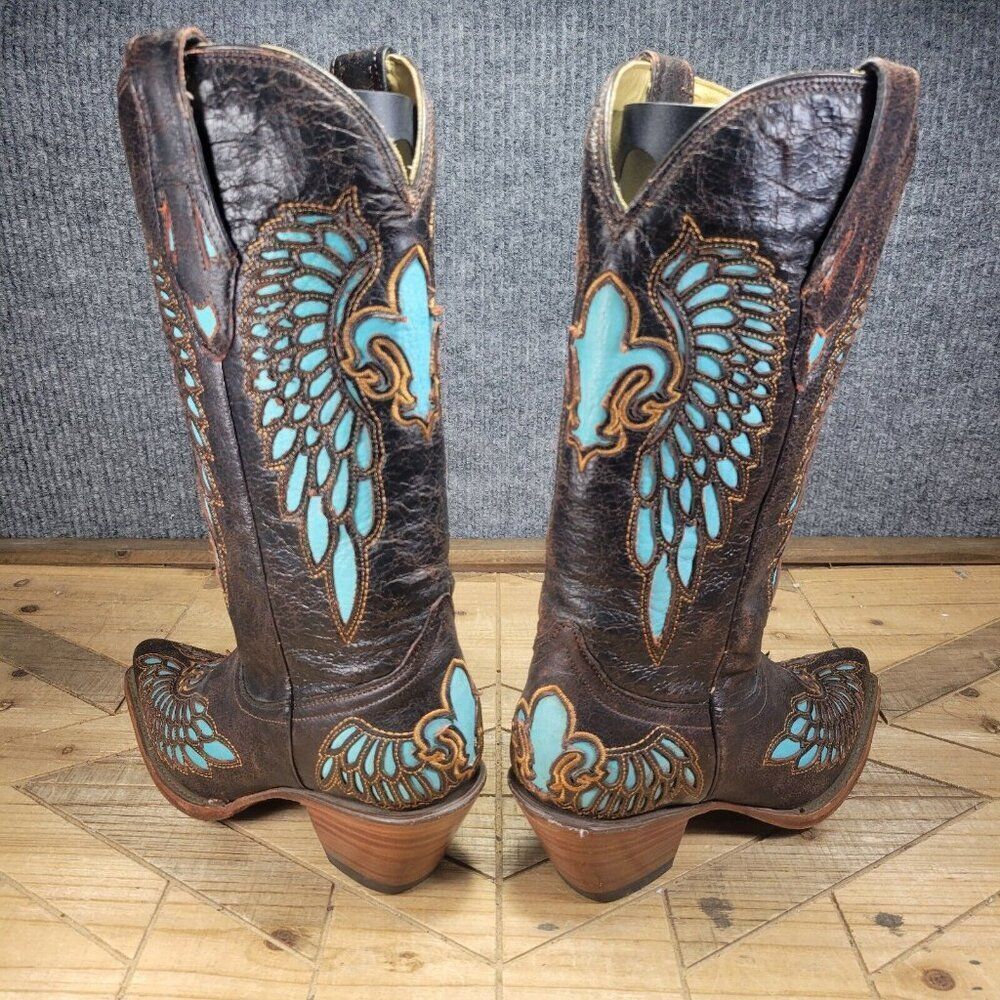 Corral Boots Womens 6.5M Turquoise Inlay Fleur De Lis Wings Cowboy Brown R2458 - Picture 8 of 13